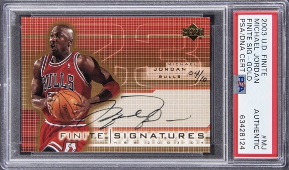 2003-04 Upper Deck Finite "Finite Signatures - Gold" #MJ Michael Jordan Signed Card (#04/10) – PSA Authentic, PSA/DNA Certified